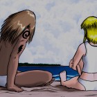 Ed y Odeth platican sentados en la playa de una isla desierta.